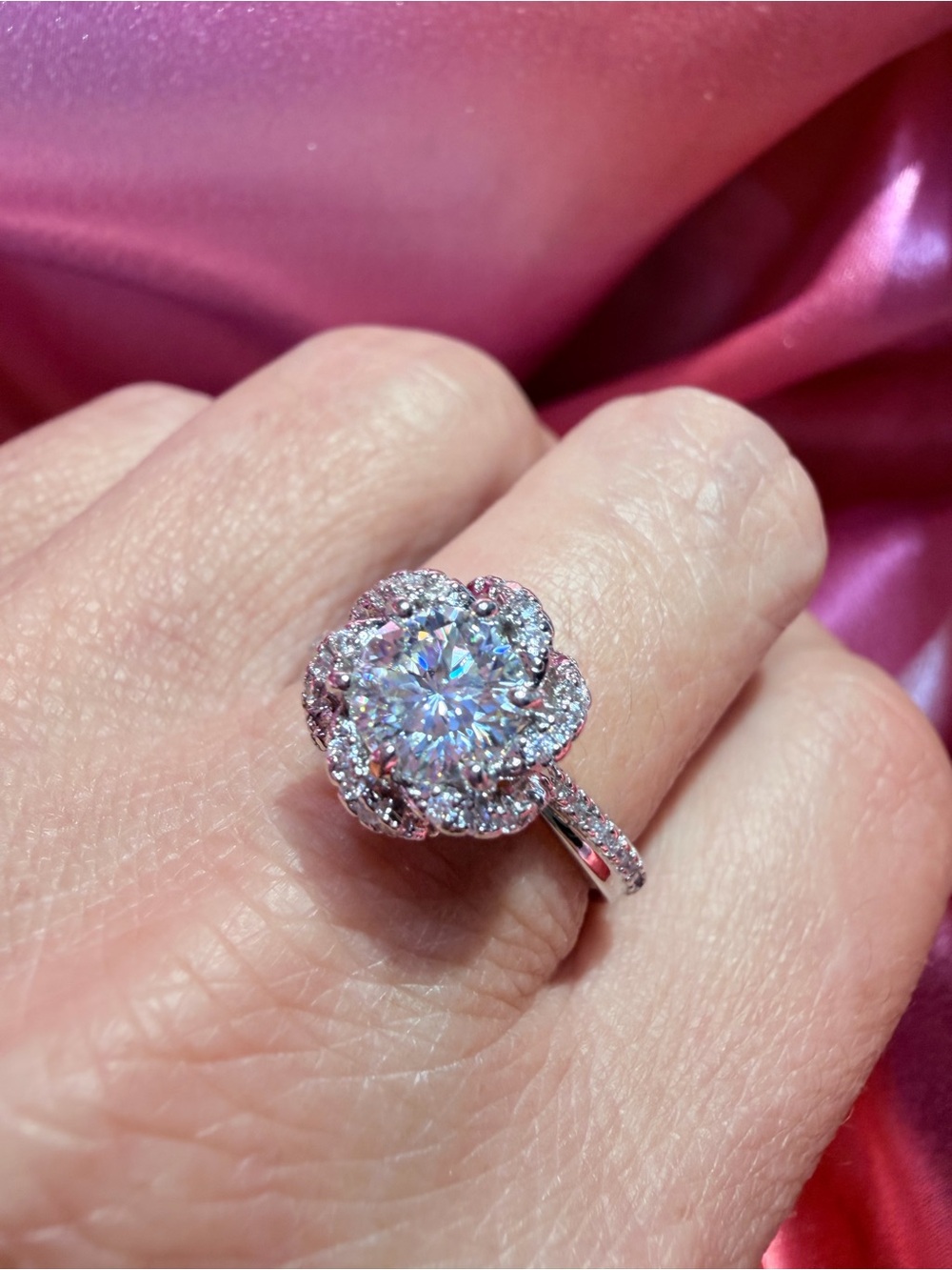 New 1 Carat Moissanite Ring with floral Halo accents and Pave' Band - Picture 13 of 13